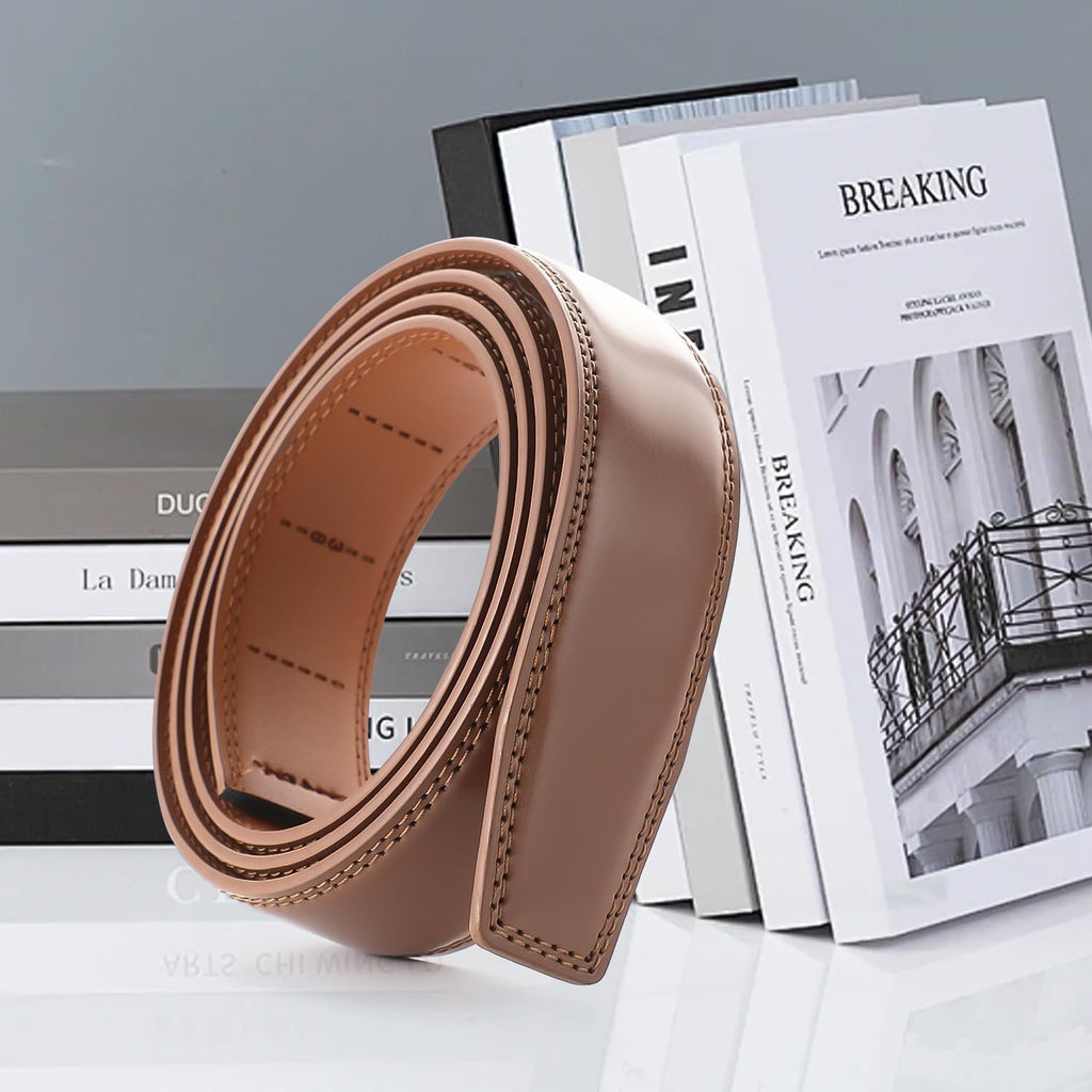 Men's Adjustable Leather Belt Strap & Zinc Alloy Automatic Ratchet Buckle, Customizable for Business Casual & Formal Wear