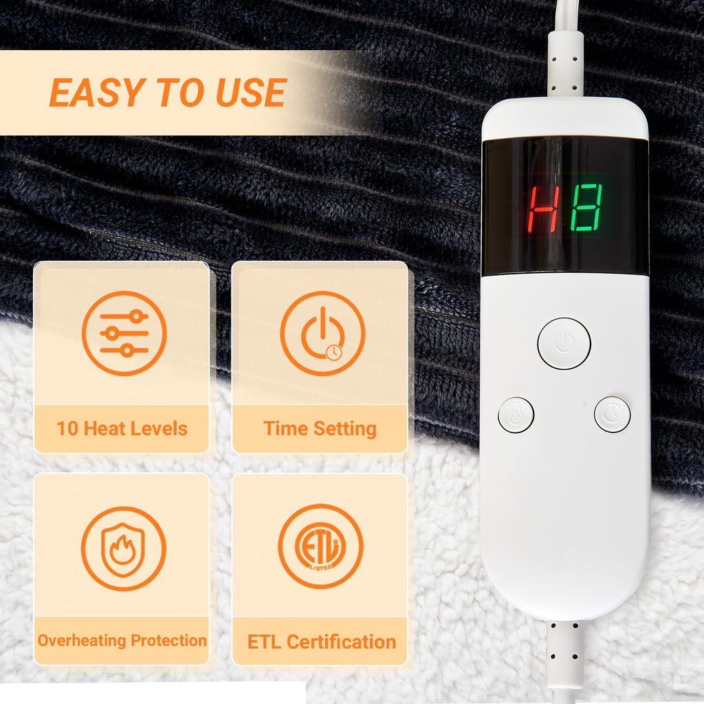 Heated Blanket Throw 130×160cm Electric Blanket, 10 Heating Settings, 1-8h Timer overheat Protection, Machine Washable, Flannel & Sherpa Full Body Warming, Electric Throw Blanket for Sofa