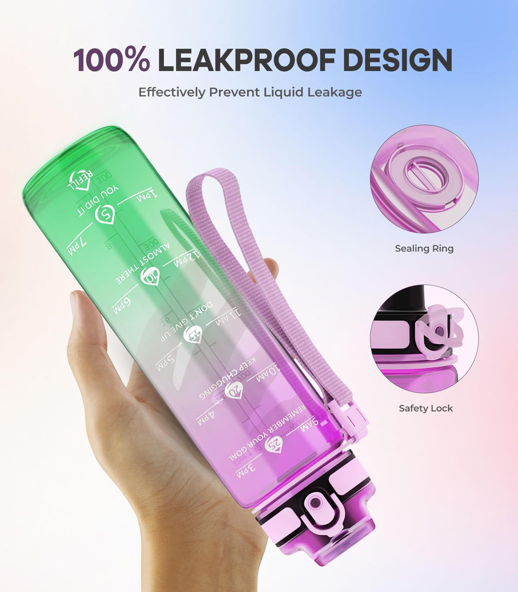 1L Water Bottle Made of BPA-Free Tritan Material, Sports Water Bottle with Removable Straw & Hydration Time Markerings, Ideal for Gym, Travel, Home, School and Outdoor Activities - Dusty-Blue