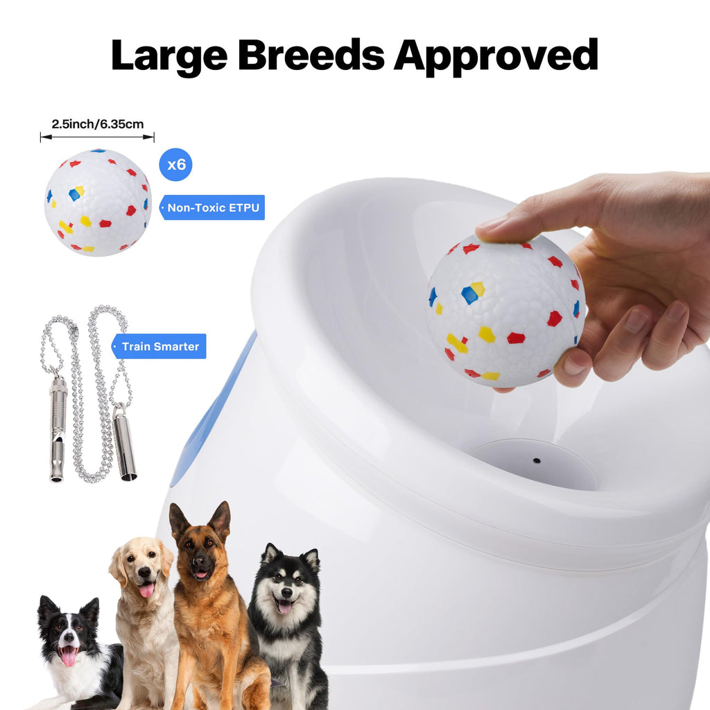 Pet Prime Automatic Dog Ball Launcher for Large Breed, Rechargeable Interactive Ball Thrower Toy with 10-40Ft, Fetch Machine with 6 Durable 2.5" Tennis Balls & Dog Whistle