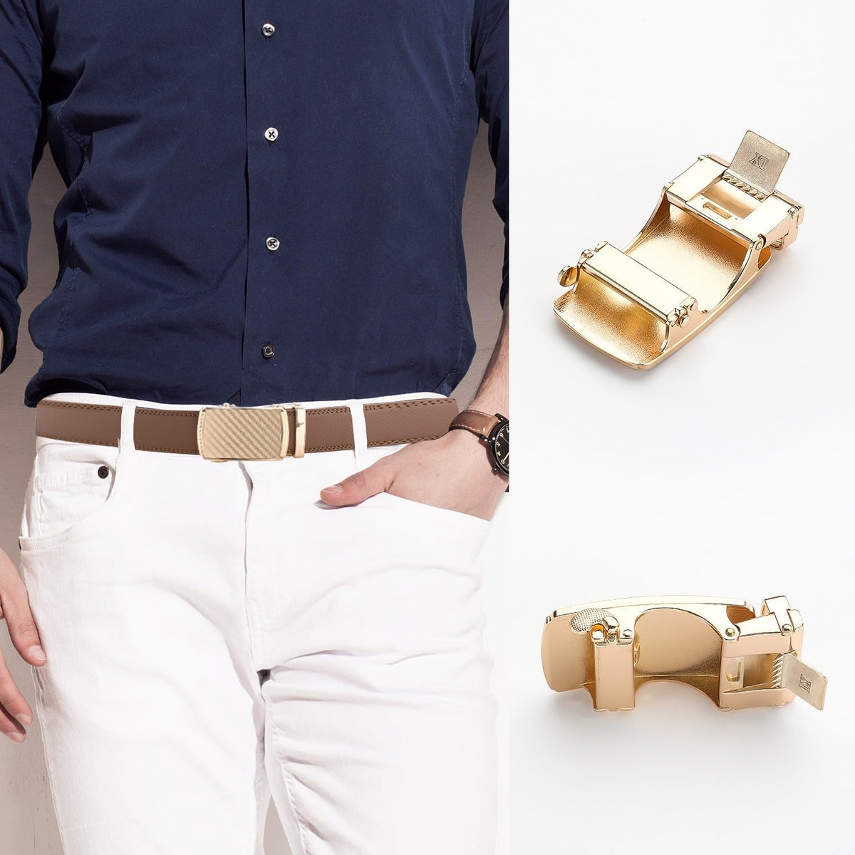 Men's Adjustable Leather Belt Strap & Zinc Alloy Automatic Ratchet Buckle, Customizable for Business Casual & Formal Wear