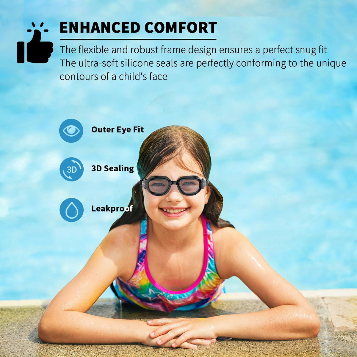 BEEWAY Kids Swimming Goggles for Boys Girls Age 6-14 Anti Fog & Leak Proof