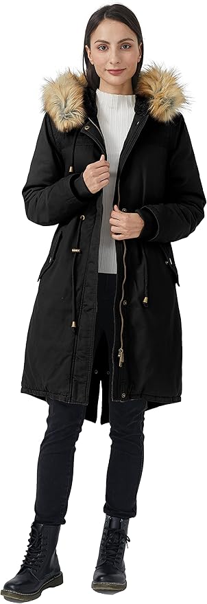 Womens Winter Fleece Coat Parka Cotton Jacket Faux Fur Hood Size XL, Black