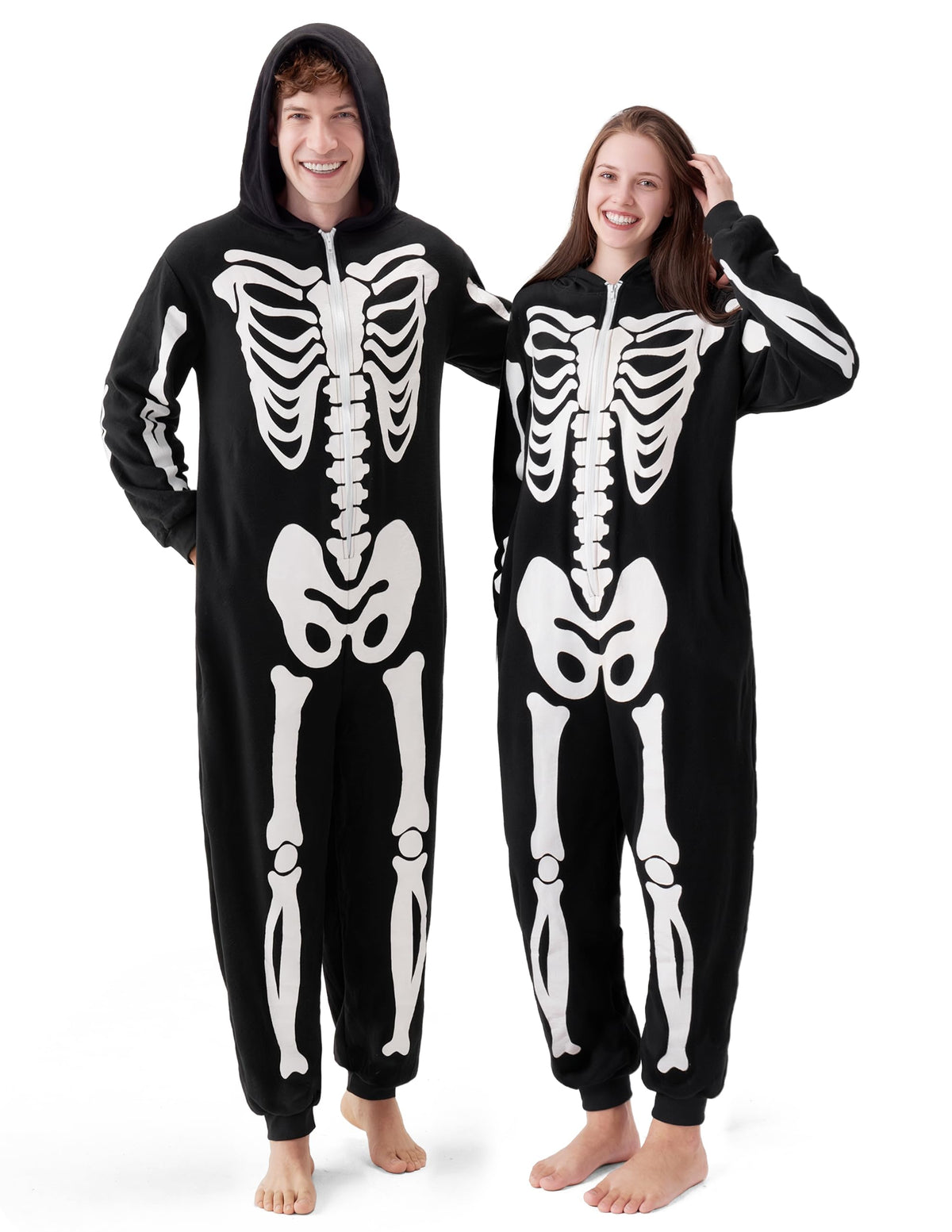 Spooktacular Creations Unisex Skeleton Jumpsuit - Plush Skeleton Zippered Halloween Hoody for Adult Sleepwear Costume