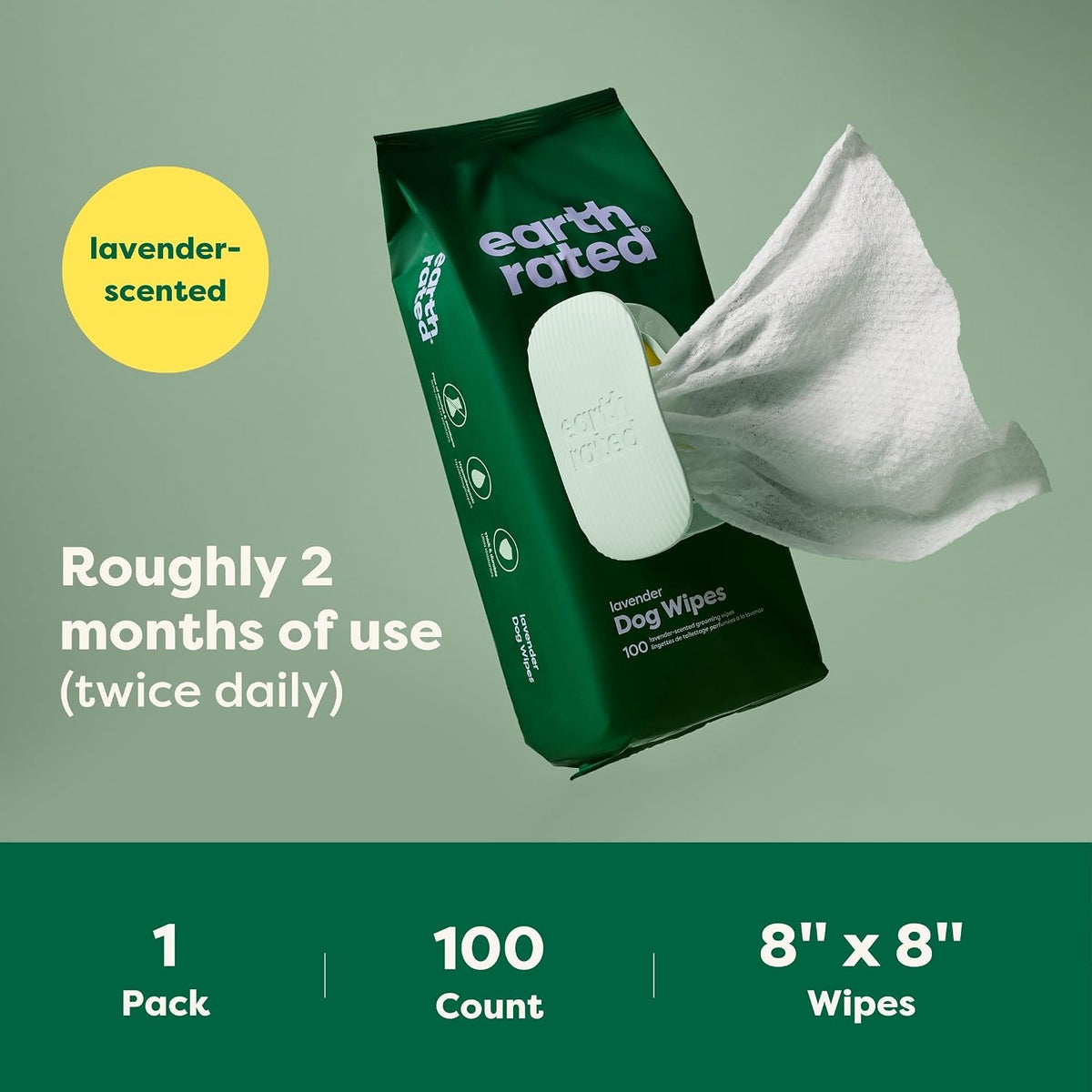 Earth Rated Dog Wipes, Hypoallergenic, Cleaning and Hydrating, for Grooming Paws, Body and Bums, Lavender Scented, 100 Count