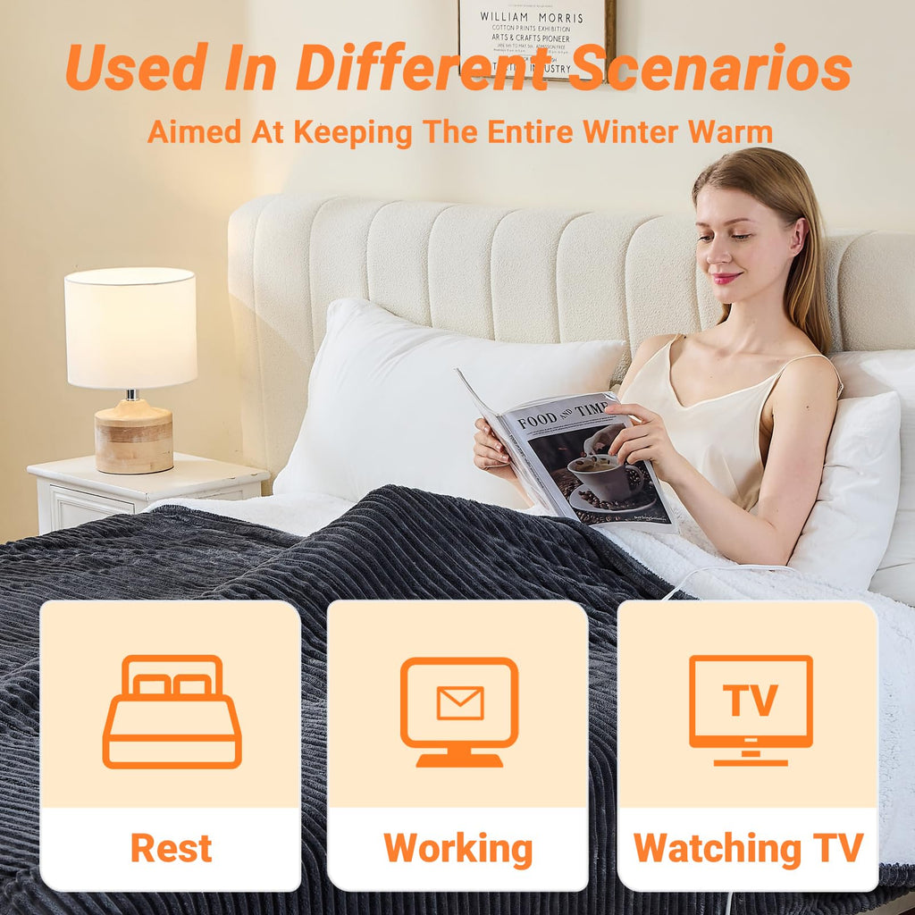 Heated Blanket Throw 130×160cm Electric Blanket, 10 Heating Settings, 1-8h Timer overheat Protection, Machine Washable, Flannel & Sherpa Full Body Warming, Electric Throw Blanket for Sofa
