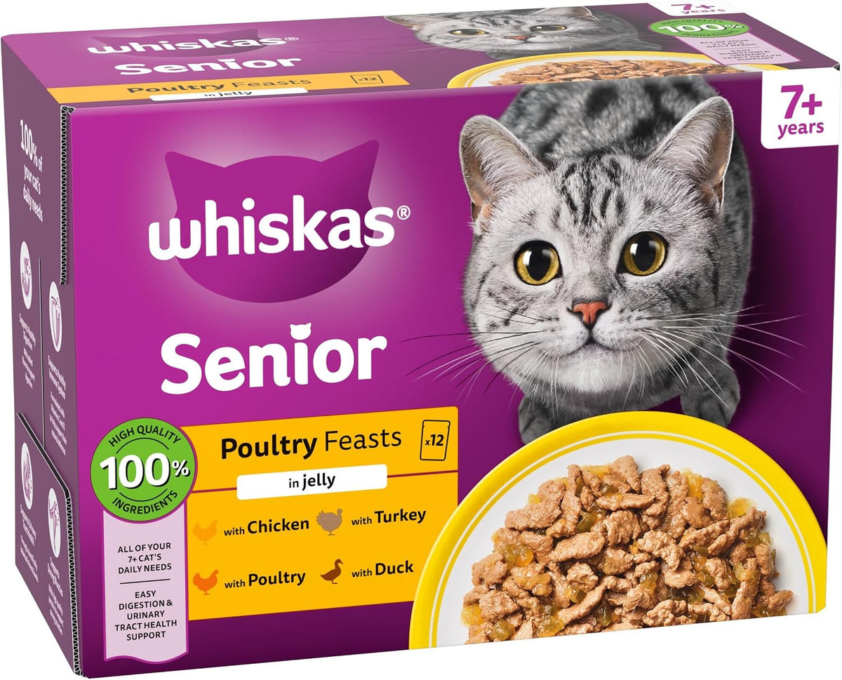 WHISKAS Senior 7+ Wet Cat Food in Jelly 40x85g Poultry Feasts