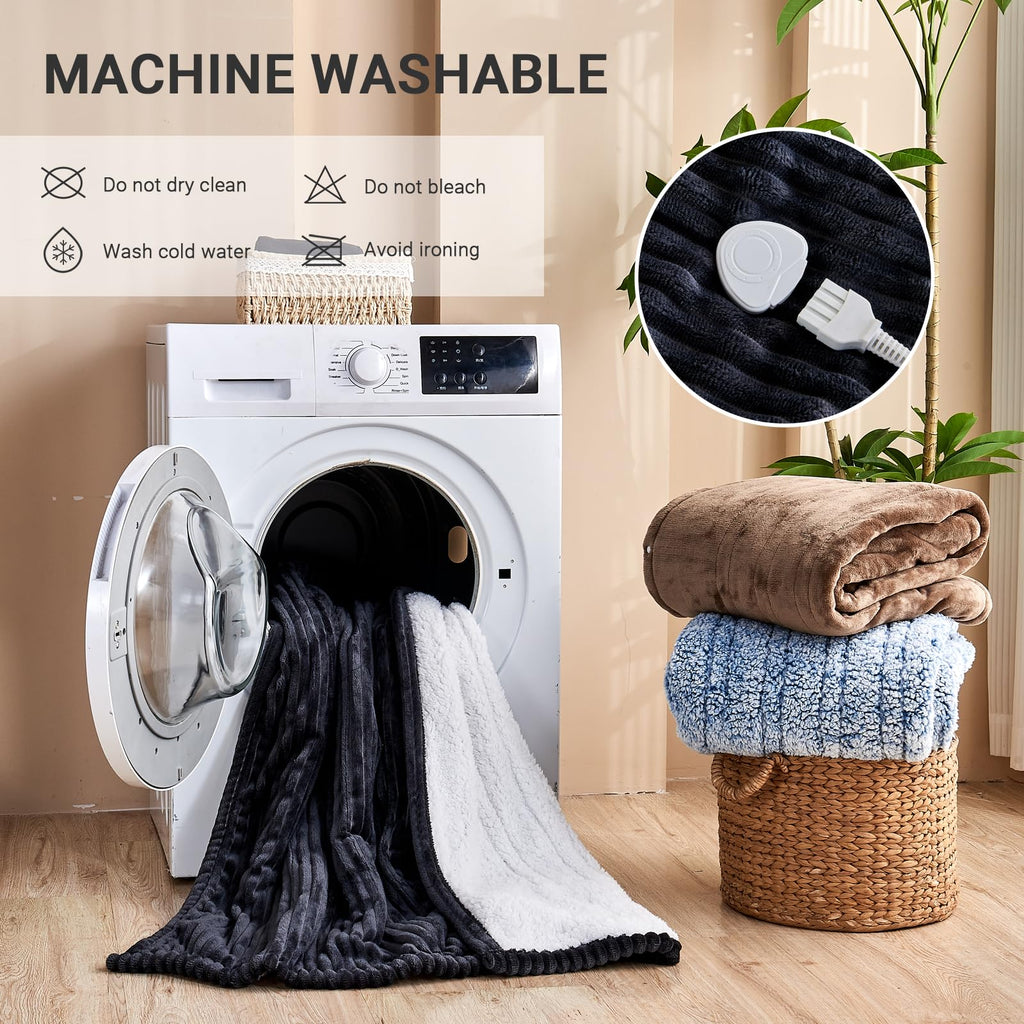 Heated Blanket Throw 130×160cm Electric Blanket, 10 Heating Settings, 1-8h Timer overheat Protection, Machine Washable, Flannel & Sherpa Full Body Warming, Electric Throw Blanket for Sofa