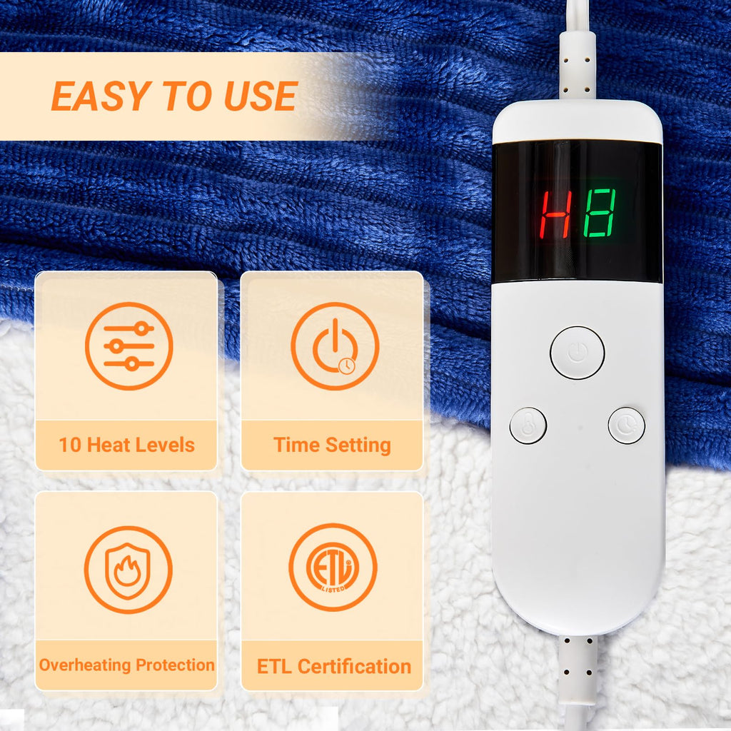 Heated Blanket Throw 130×160cm Electric Blanket, 10 Heating Settings, 1-8h Timer overheat Protection, Machine Washable, Flannel & Sherpa Full Body Warming, Electric Throw Blanket for Sofa