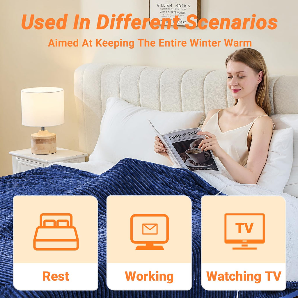 Heated Blanket Throw 130×160cm Electric Blanket, 10 Heating Settings, 1-8h Timer overheat Protection, Machine Washable, Flannel & Sherpa Full Body Warming, Electric Throw Blanket for Sofa