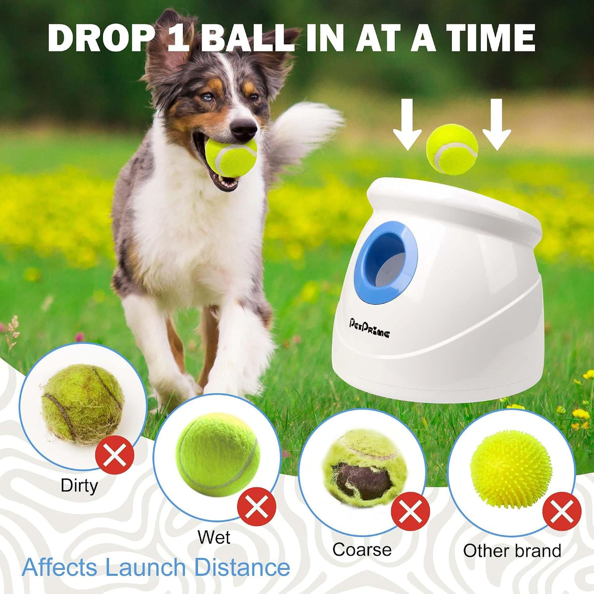 Pet Prime Automatic Dog Ball Launcher for Large Breed, Rechargeable Interactive Ball Thrower Toy with 10-40Ft, Fetch Machine with 6 Durable 2.5" Tennis Balls & Dog Whistle