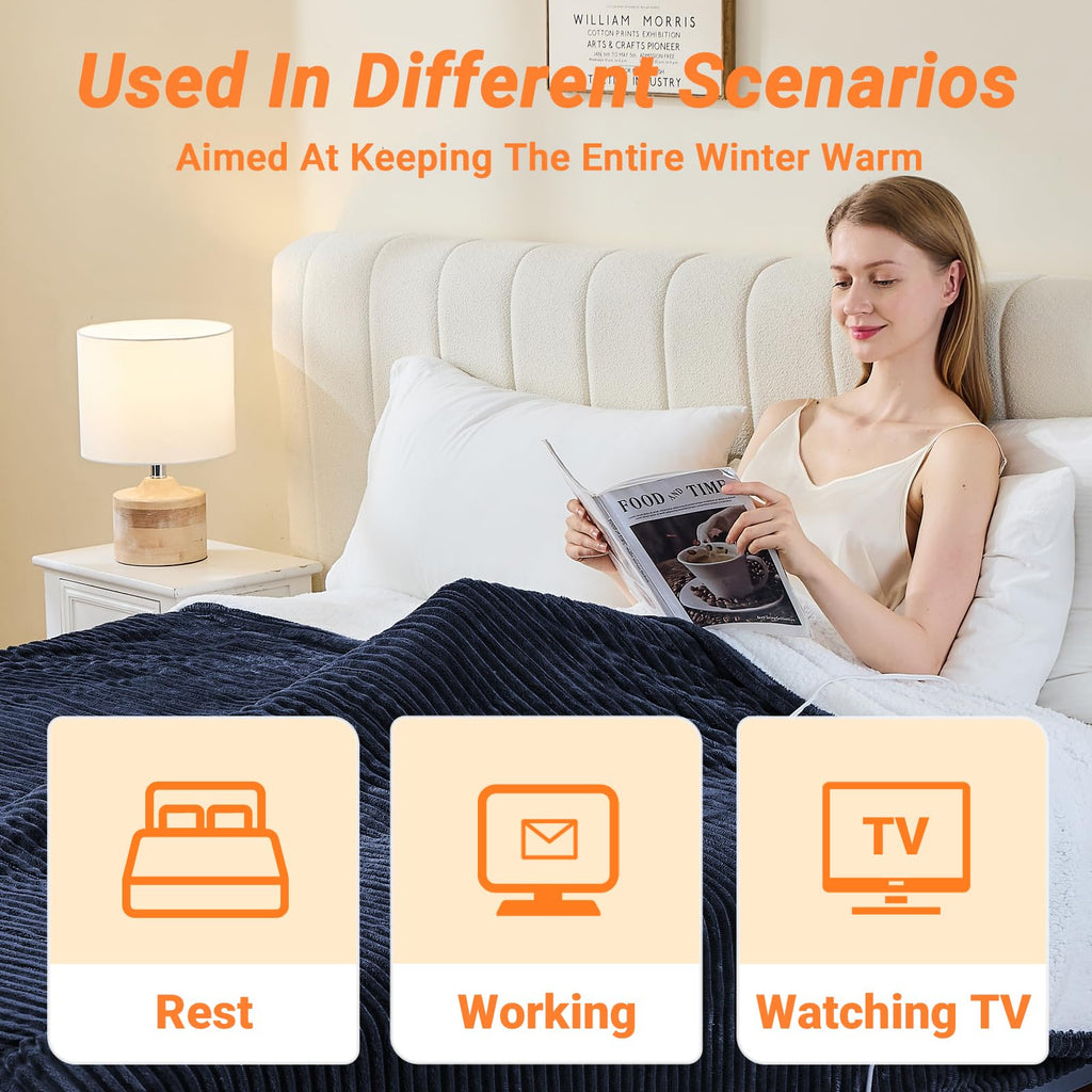 Heated Blanket Throw 130×160cm Electric Blanket, 10 Heating Settings, 1-8h Timer overheat Protection, Machine Washable, Flannel & Sherpa Full Body Warming, Electric Throw Blanket for Sofa