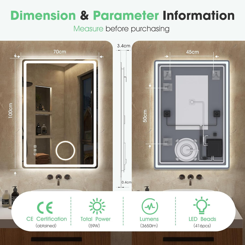 Bluetooth Bathroom LED Mirror 100x70 cm Anti Fog Dimmable 5x Magnifier S'bagno
