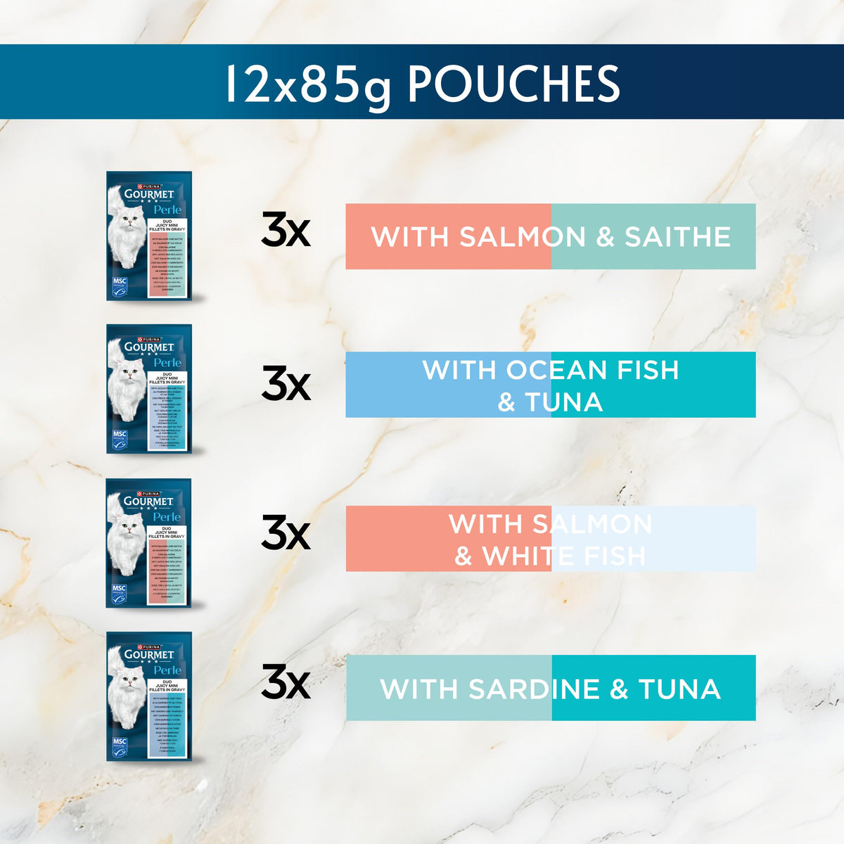 GOURMET Perle Ocean Collection Adult Wet Cat Food Mini Fillets in Gravy Tuna, Shrimp, Plaice, Salmon, White fish, Ocean Fish 40 x 85g Pouches