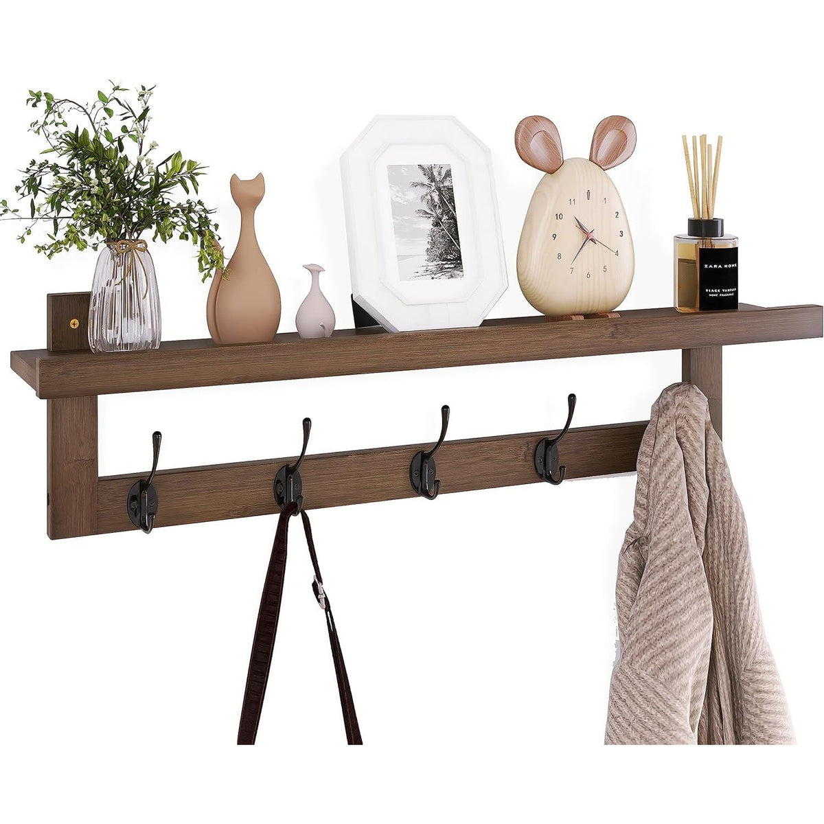 Coat Rack Wall Mounted Shelf 74cm Bamboo 5 Double Hooks Storage Walnut SMIBUY