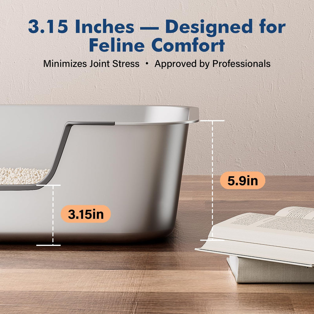 Stainless Steel Cat Litter Tray with Low Entry, Metal Cat Litter Box for Senior or Injured Cats, XXL Large Cats Toilet for Small Large Pets, Odour-Free, Non-Stick, Easy to Clean, 17.5"L×13.6"W×5.9"H