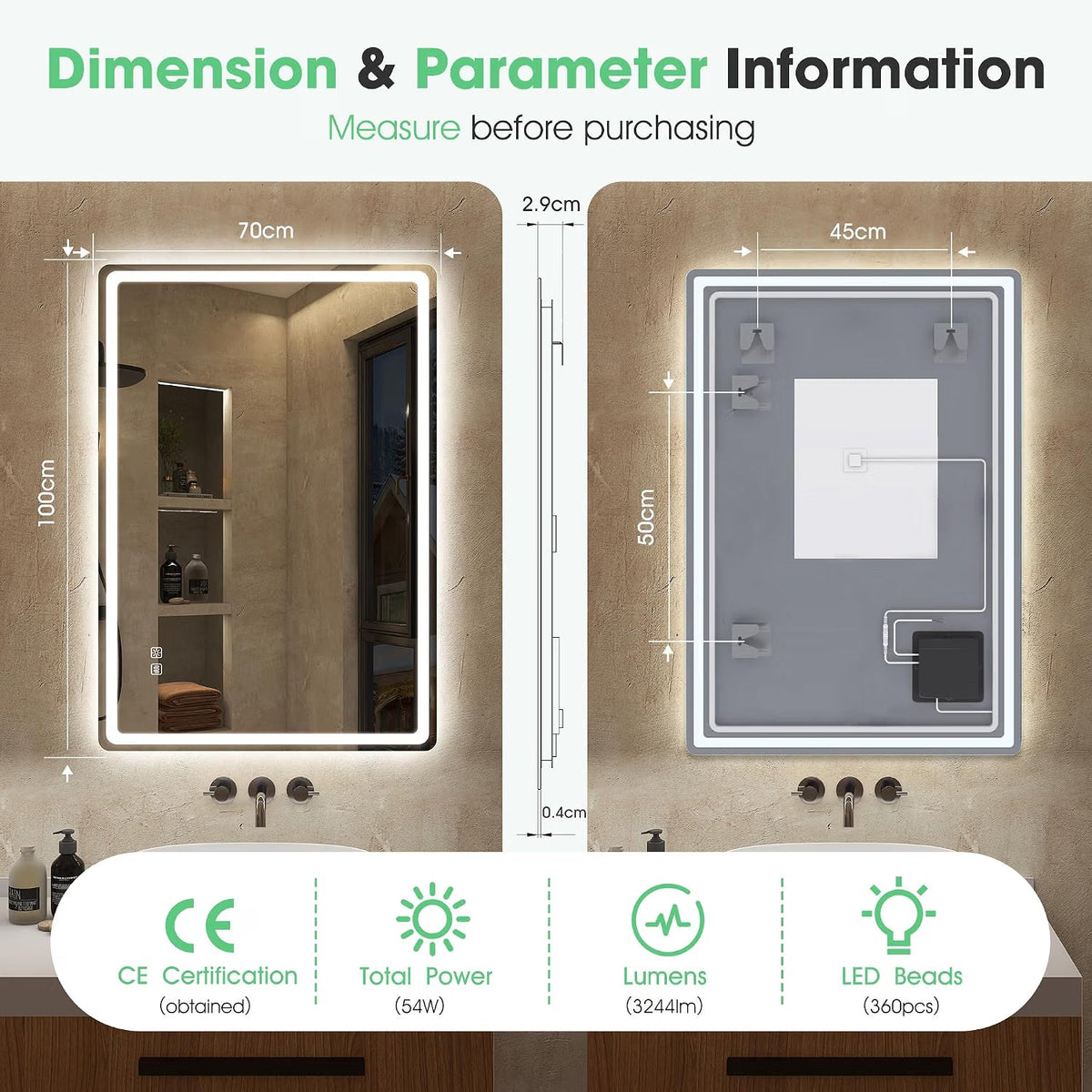 LED Bathroom Mirror 100x70cm Dimmable 3 Colour Demister IP44 S'bagno Frameless