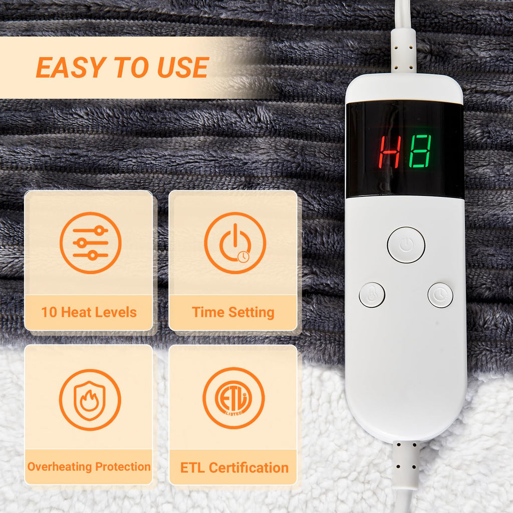 Heated Blanket Throw 130×160cm Electric Blanket, 10 Heating Settings, 1-8h Timer overheat Protection, Machine Washable, Flannel & Sherpa Full Body Warming, Electric Throw Blanket for Sofa
