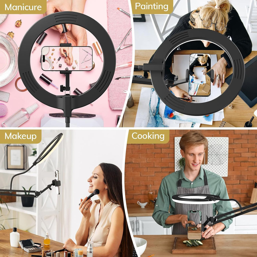 Overhead Ring Light 10 Inch Boom Arm Phone Holder Video Streaming TONOR Kit