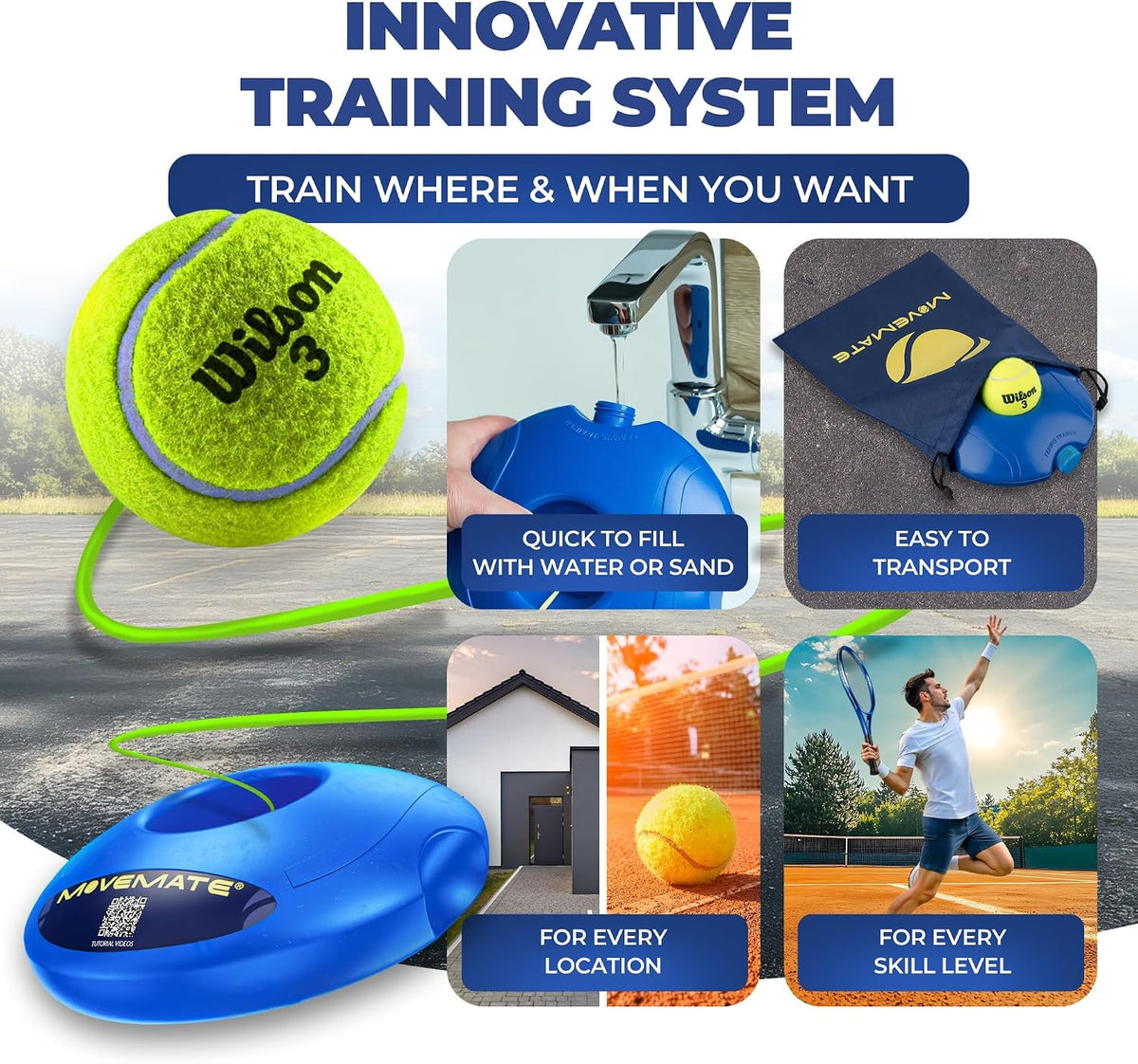 MOVEMATE Tennis-Trainer Set with Wilson® Tennis Ball | Innovative ball game for outdoors, in the garden, in the park for children & adults | Incl. transport bag & exercise videos