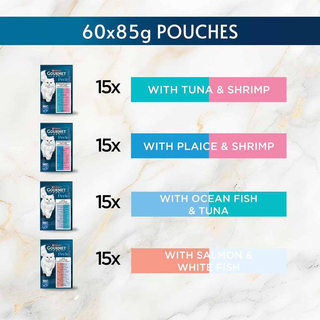 GOURMET Perle Ocean Collection Adult Wet Cat Food Mini Fillets in Gravy Tuna, Shrimp, Plaice, Salmon, White fish, Ocean Fish 40 x 85g Pouches