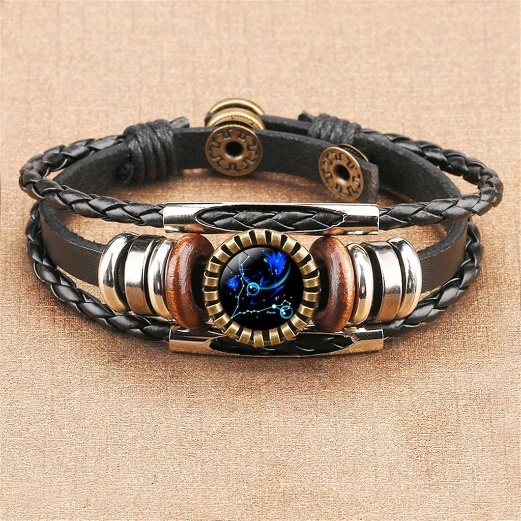 Constellation Black Braided Leather Bracelet Sagittarius Scorpio Pisces Braided Glass Dome Jewelry Punk Men's Bracelet