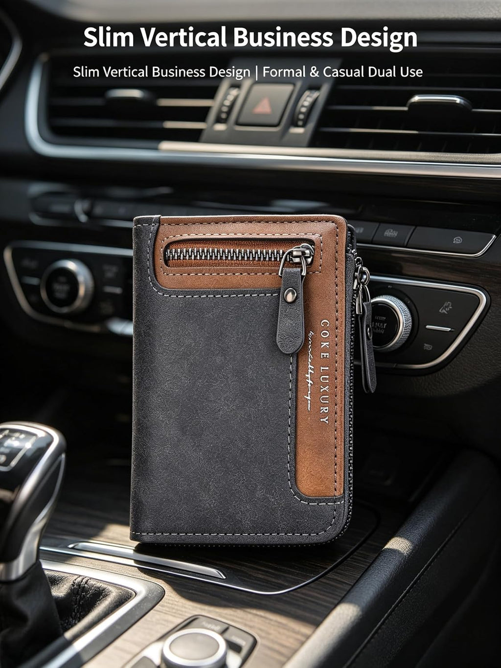 Mens Wallets Leather, Blue Men's Wallet with Zipper Closure, RFID Blocking, Coin Storage, 5 Card Slots & Window ID Display, Suitable for Daily Use & Work, Ideal Gift for Men Black