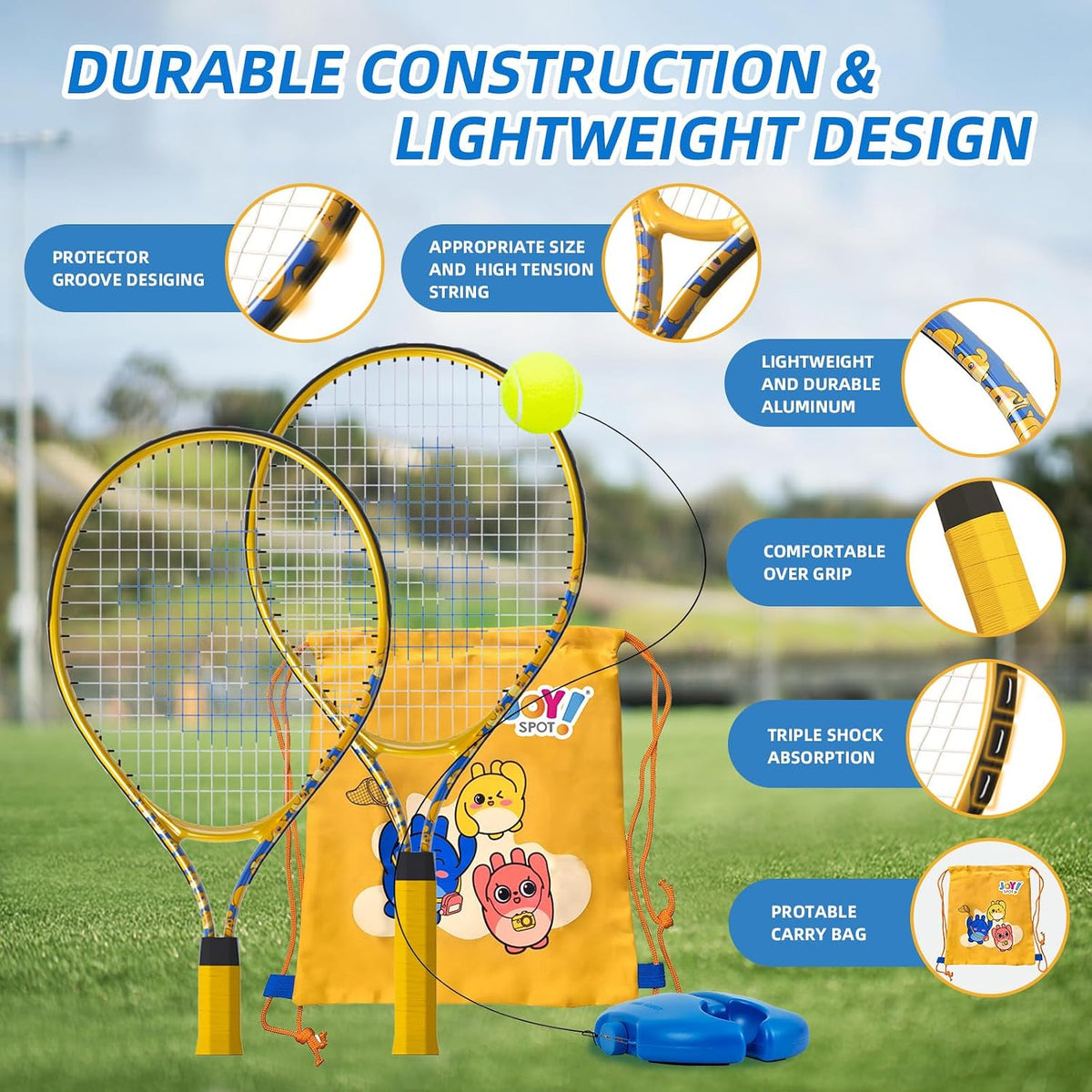 Kids Tennis Rackets 2 Pack with Trainer Rebound Balls, Size 19" & 21" Training Equipment for Parent-child activities, Portable Beginners junior Youth Tennis Practice Kit for Boy Girl