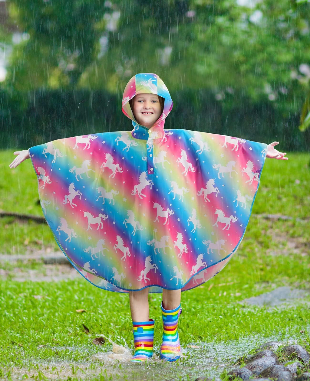 WAWSAM Kids Rain Poncho Waterproof Boys Girls Portable Raincoat Rain Jacket Lightweight Rainwear