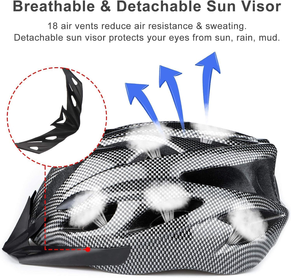 Cycle Helmet, Lightweight Bicycle Helmet, Adjustable Mountain & Road Bike Helmets for Adults, 18 Vents with Adjustable Strap & Detachable Visor for Mens Womens(Head Sizes58-62cm)