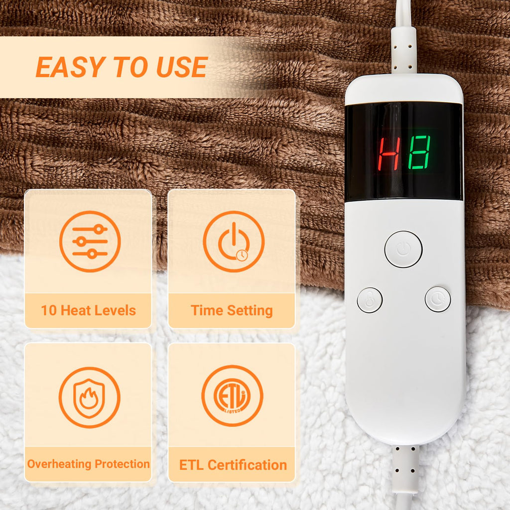 Heated Blanket Throw 130×160cm Electric Blanket, 10 Heating Settings, 1-8h Timer overheat Protection, Machine Washable, Flannel & Sherpa Full Body Warming, Electric Throw Blanket for Sofa