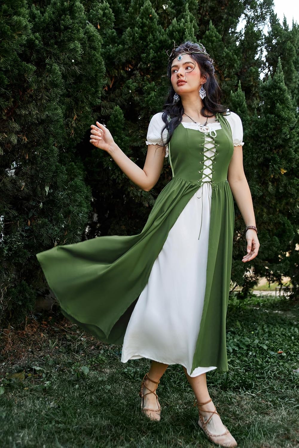 SCARLET DARKNESS Women 2Pcs Renaissance Maxi Dresses Off Shoulder Short Sleeve Lace-up Irish Costume with Over Dress