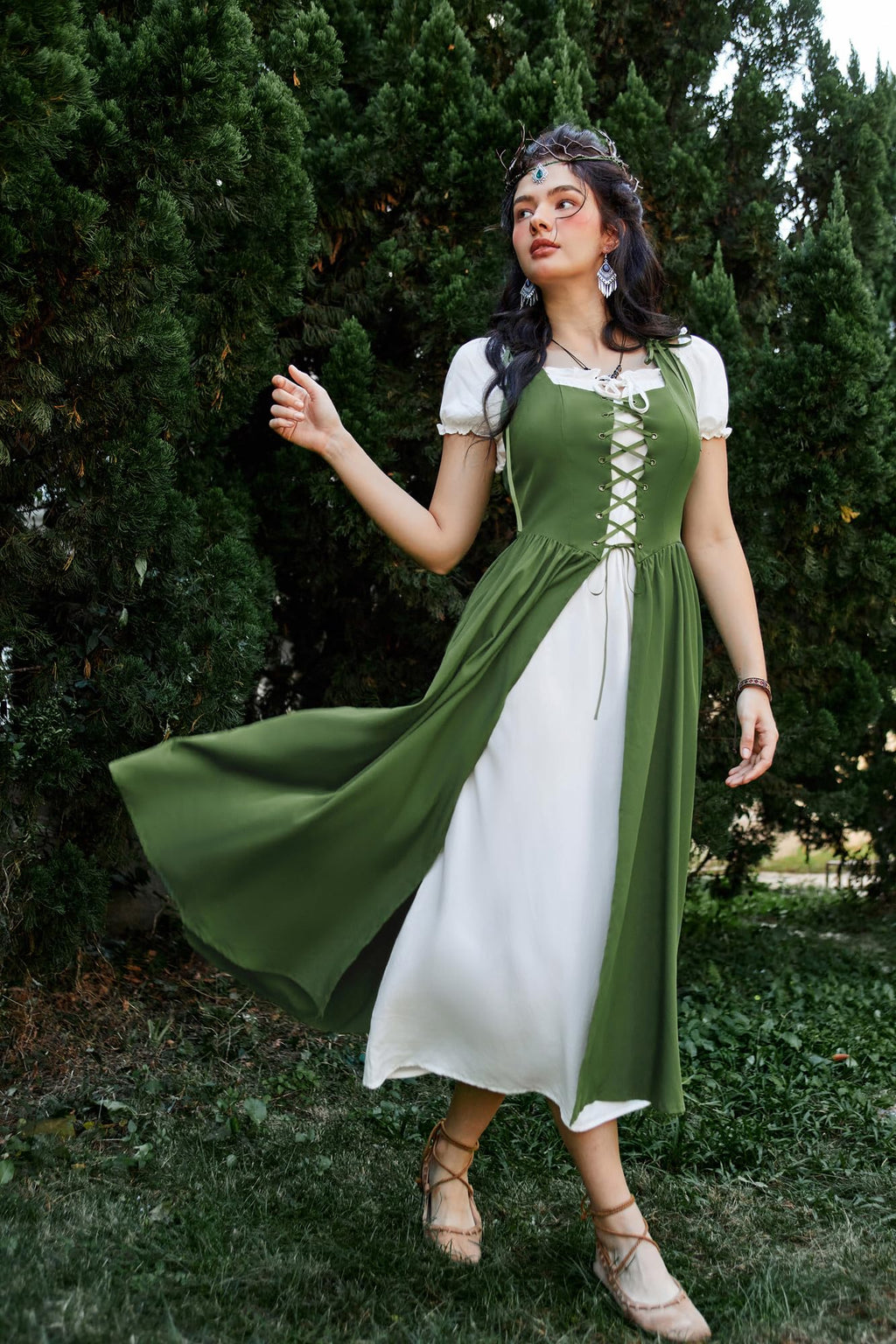 SCARLET DARKNESS Women 2Pcs Renaissance Maxi Dresses Off Shoulder Short Sleeve Lace-up Irish Costume with Over Dress