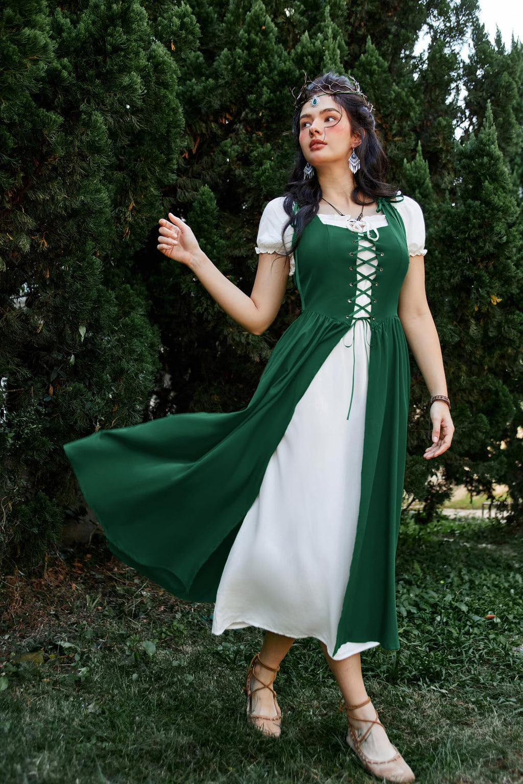 SCARLET DARKNESS Women 2Pcs Renaissance Maxi Dresses Off Shoulder Short Sleeve Lace-up Irish Costume with Over Dress
