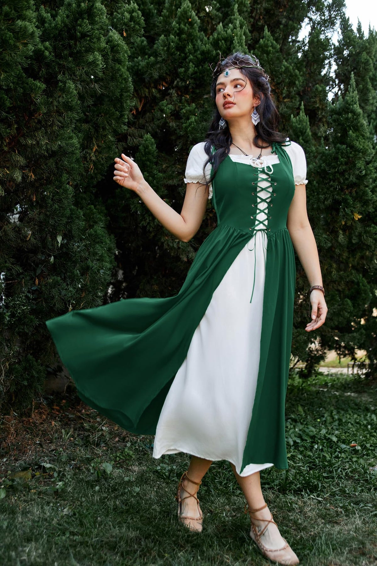SCARLET DARKNESS Women 2Pcs Renaissance Maxi Dresses Off Shoulder Short Sleeve Lace-up Irish Costume with Over Dress