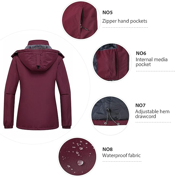 Wantdo Womens Ski Jacket Wine Red XL XXL Waterproof Fleece Lined Winter Coat