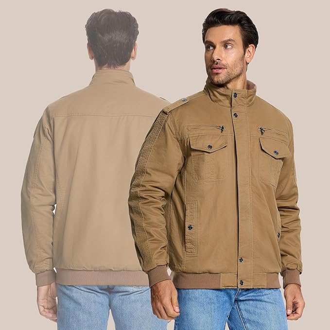 Mens Bomber Jacket Military Cargo Cotton Windbreaker Brown Size XL KEFITEVD