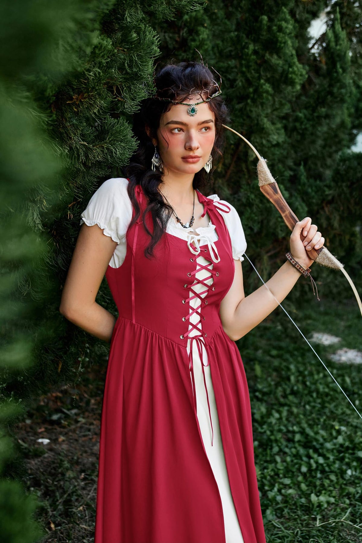 SCARLET DARKNESS Women 2Pcs Renaissance Maxi Dresses Off Shoulder Short Sleeve Lace-up Irish Costume with Over Dress