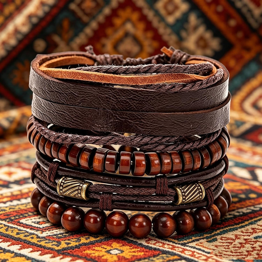 Braided Leather And Wood Bead Bracelet Set for Men Women ，Beads Cuff Bracelet Hemp Cords Ethnic Tribal，Wristband Stackable Bracelets Set Adjustable，Fashion Jewelry， Daily Wear And Party, Gift for He