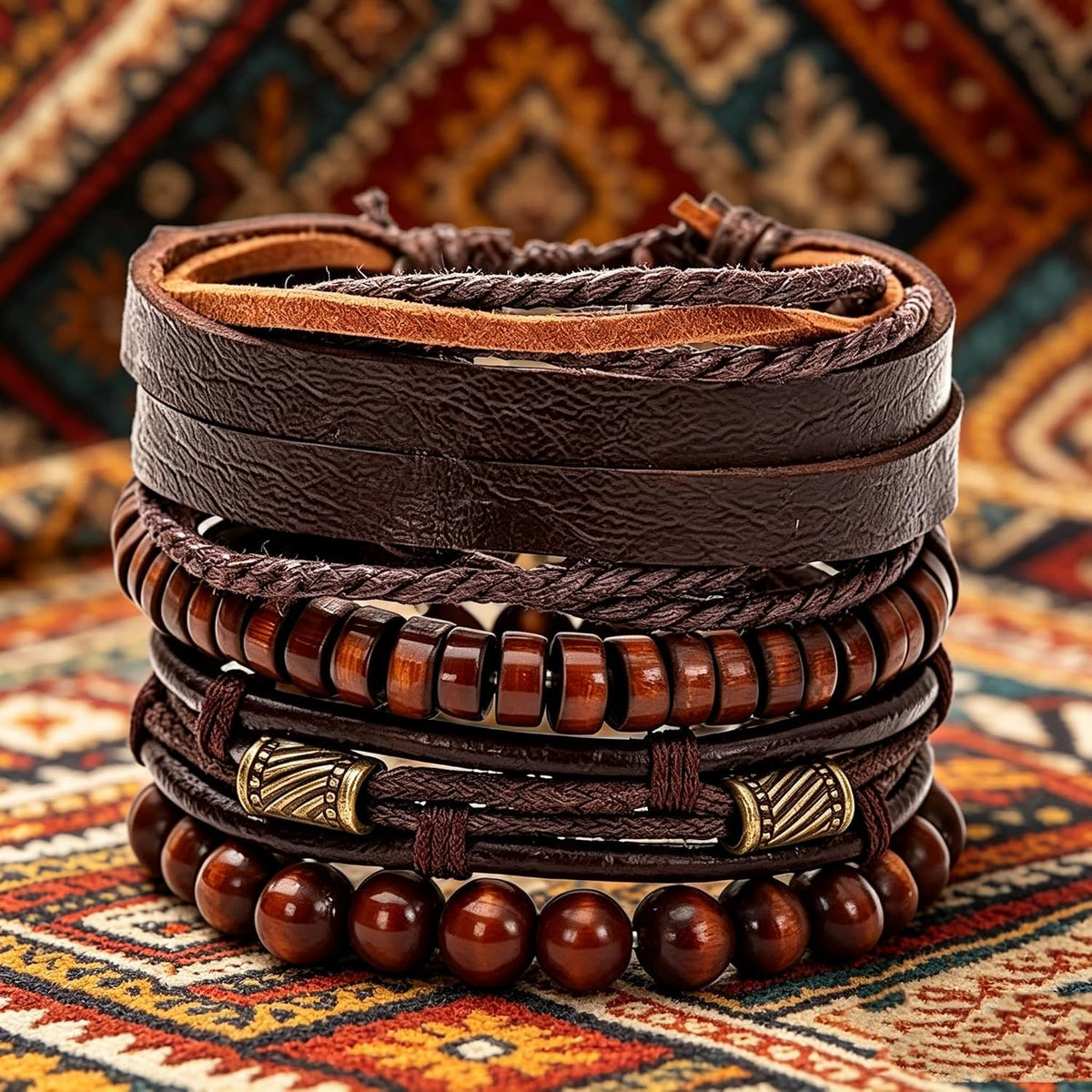 Braided Leather And Wood Bead Bracelet Set for Men Women ，Beads Cuff Bracelet Hemp Cords Ethnic Tribal，Wristband Stackable Bracelets Set Adjustable，Fashion Jewelry， Daily Wear And Party, Gift for He