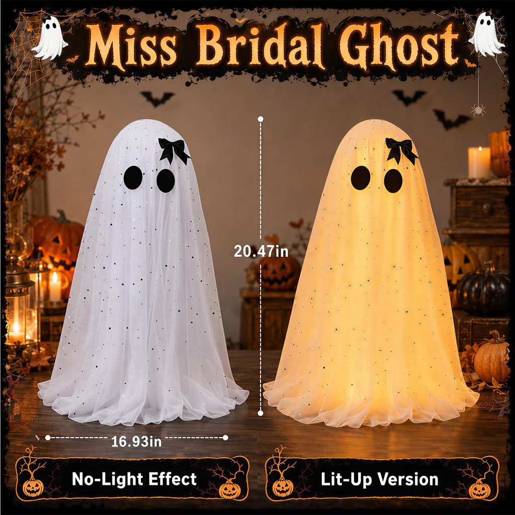 2 Pack Halloween Decorations Indoor & Outsoor, Spooky Light Up Ghost with Witch Hat, Glowing Ghost Table Decor with Sparkling Tulle & Elegant Bow, Halloween Decor for Table, Fireplace, Kitchen, Office