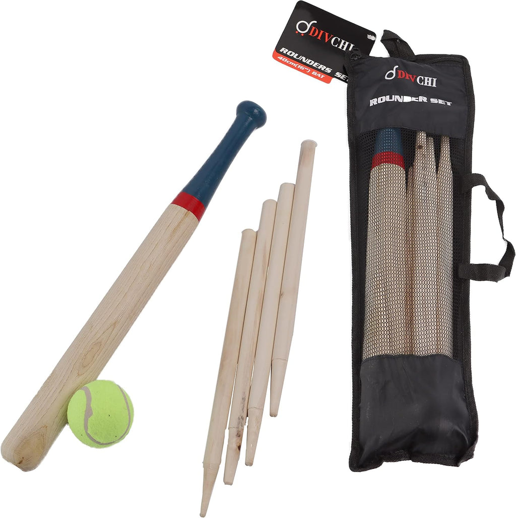 DIVCHI 6 Piece Wooden Rounders Set & Carry Bag - Baseball Bat & Soft Tennis Ball Garden Fun Play Set