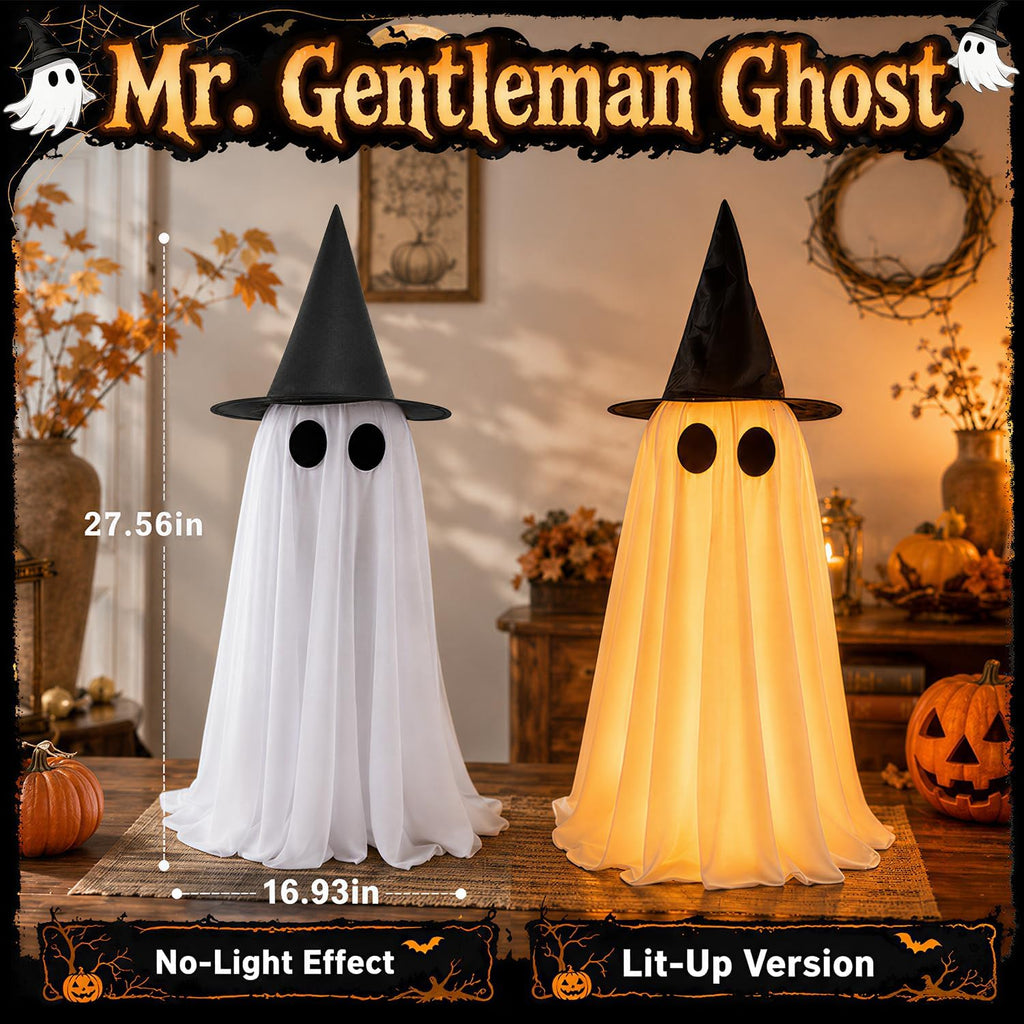 2 Pack Halloween Decorations Indoor & Outsoor, Spooky Light Up Ghost with Witch Hat, Glowing Ghost Table Decor with Sparkling Tulle & Elegant Bow, Halloween Decor for Table, Fireplace, Kitchen, Office