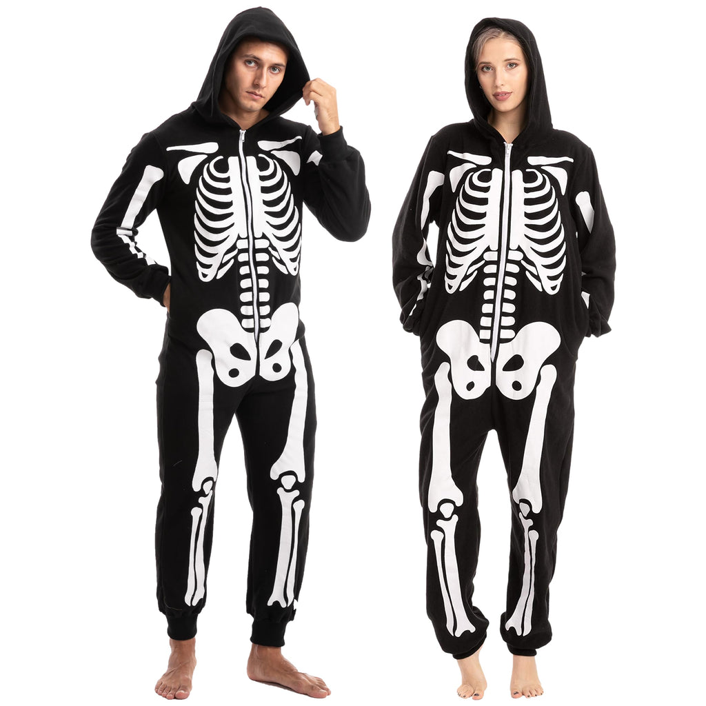 Spooktacular Creations Unisex Skeleton Jumpsuit - Plush Skeleton Zippered Halloween Hoody for Adult Sleepwear Costume