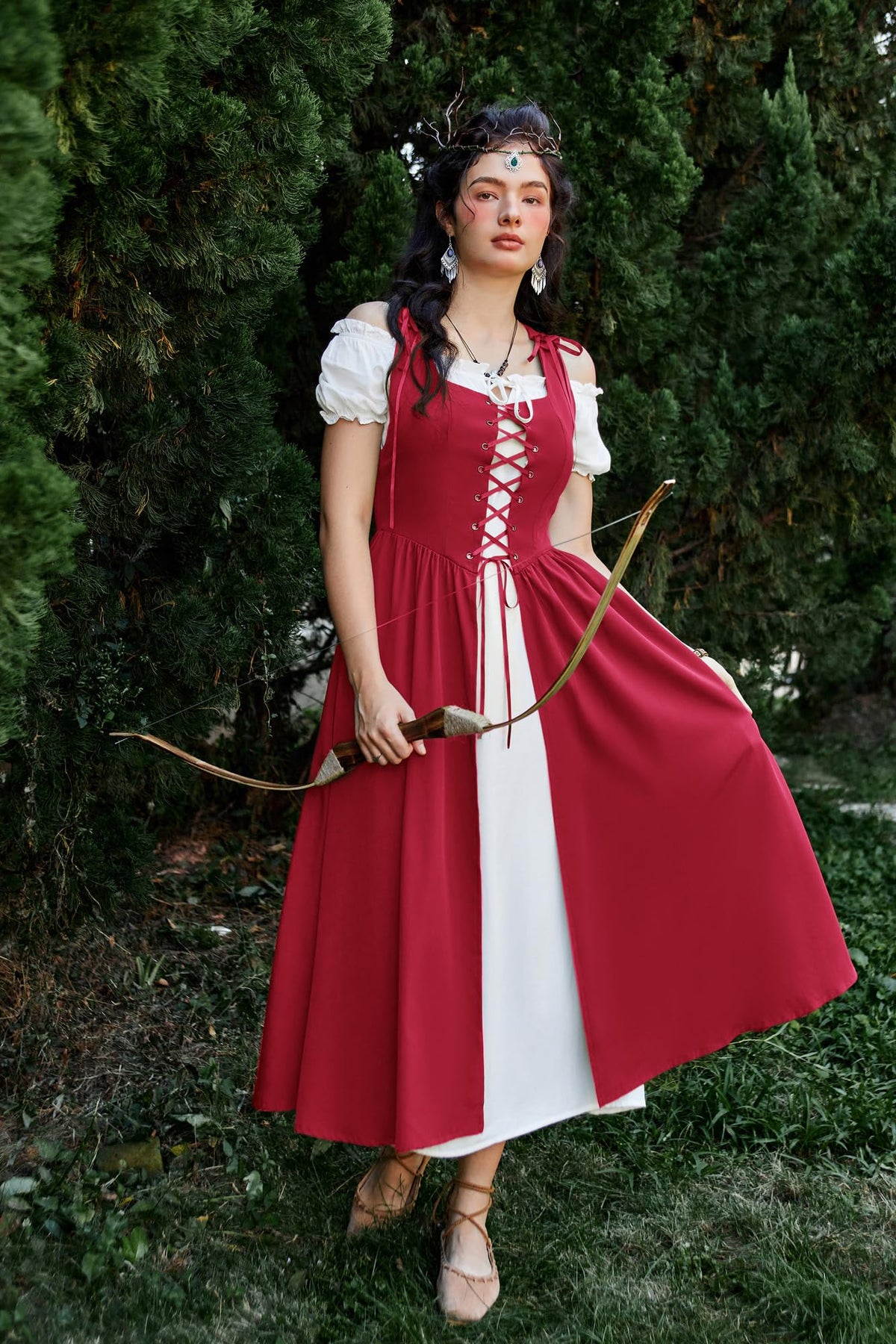 SCARLET DARKNESS Women 2Pcs Renaissance Maxi Dresses Off Shoulder Short Sleeve Lace-up Irish Costume with Over Dress