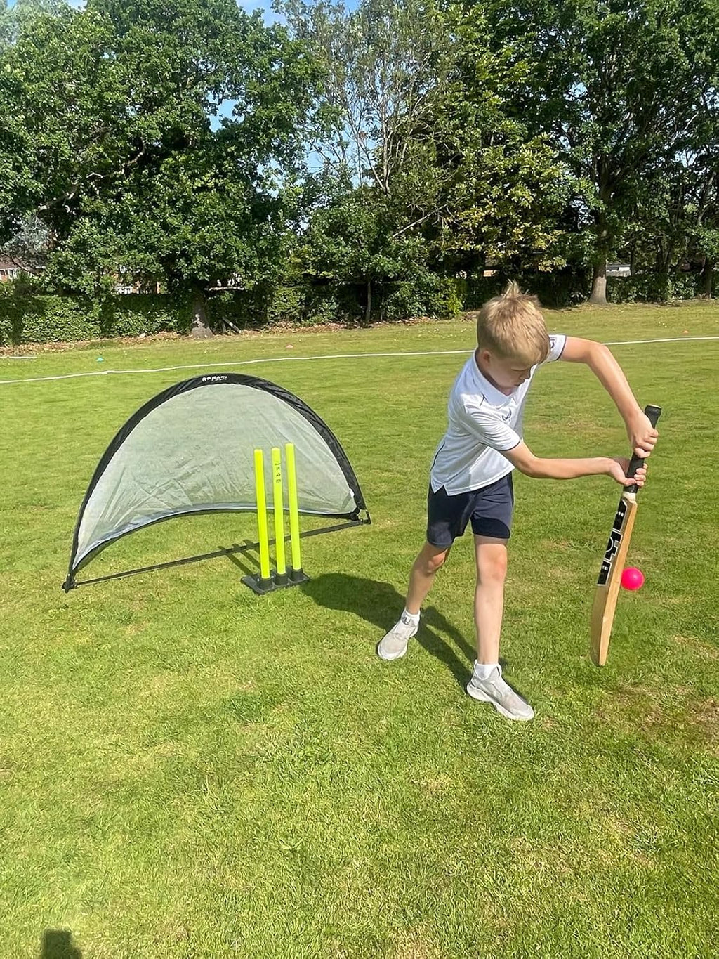 Ram Cricket pop-up ball stop net. Quick setup, portable for multi-sport use