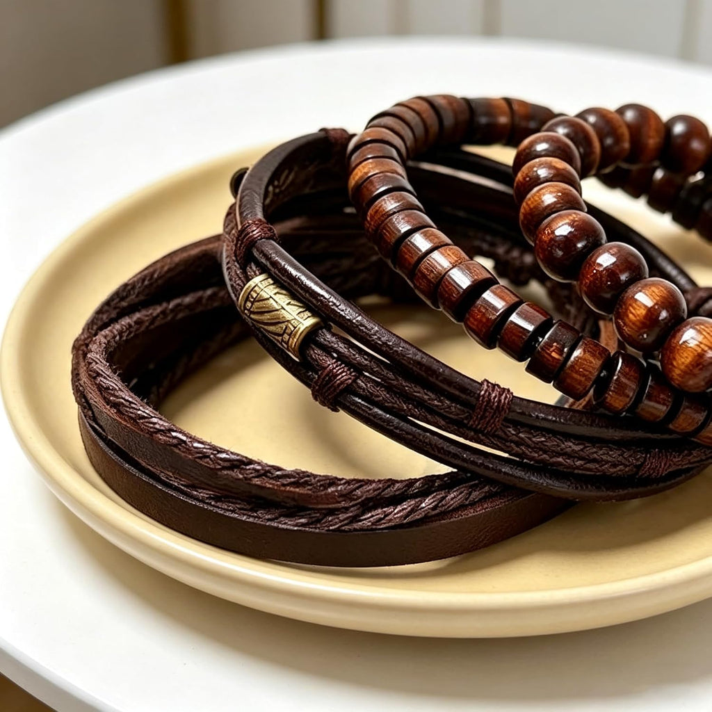 Braided Leather And Wood Bead Bracelet Set for Men Women ，Beads Cuff Bracelet Hemp Cords Ethnic Tribal，Wristband Stackable Bracelets Set Adjustable，Fashion Jewelry， Daily Wear And Party, Gift for He