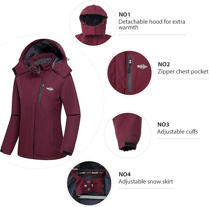 Wantdo Womens Ski Jacket Wine Red XL XXL Waterproof Fleece Lined Winter Coat