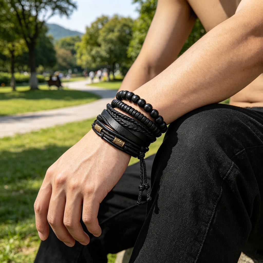 Braided Leather And Wood Bead Bracelet Set for Men Women ，Beads Cuff Bracelet Hemp Cords Ethnic Tribal，Wristband Stackable Bracelets Set Adjustable，Fashion Jewelry， Daily Wear And Party, Gift for He