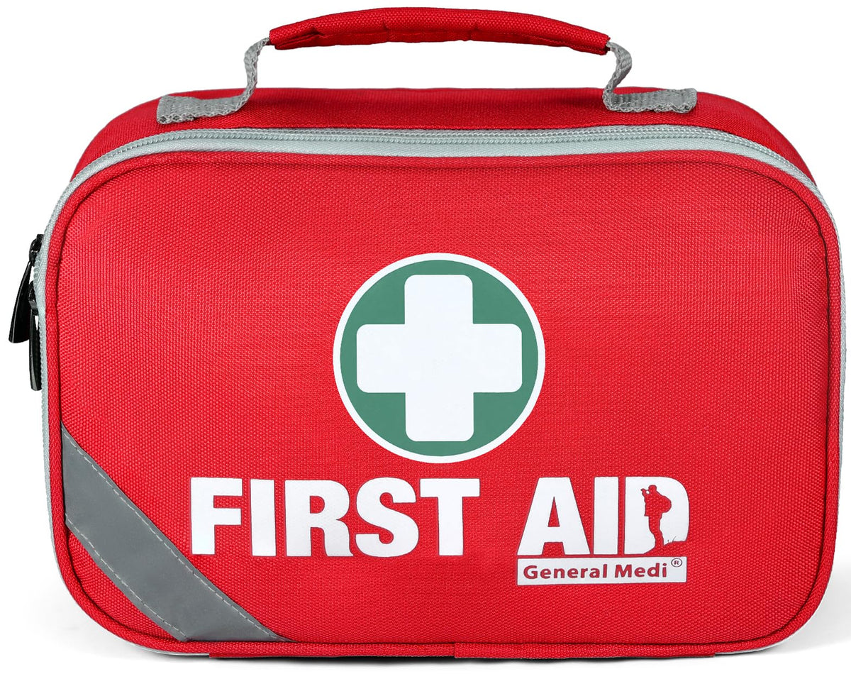 General Medi Mini First Aid Kit, 92 Pieces Small First Aid Kit - Includes Emergency Foil Blanket, Scissors for Travel, Home, Office, Vehicle, Camping, Workplace & Outdoor (Red)